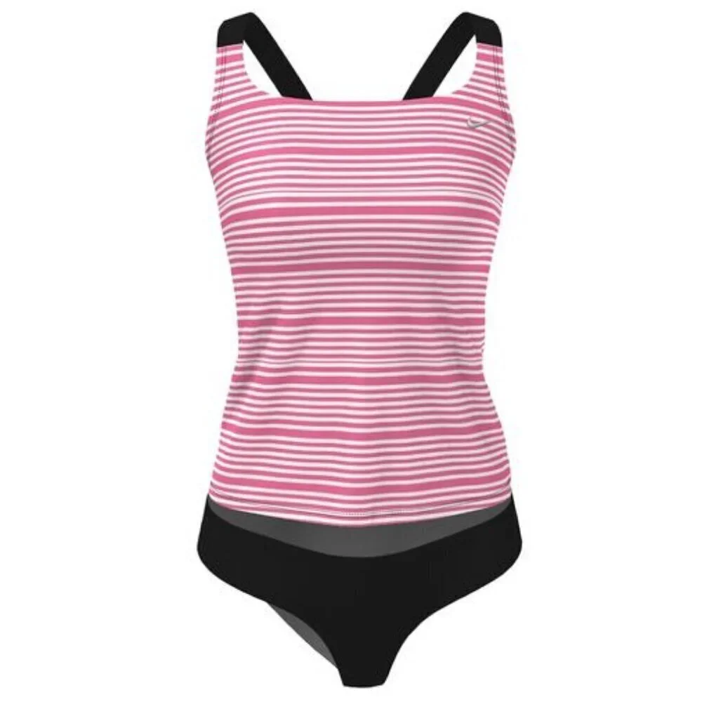 NWT Nike Women's Pinksicle Stripe V-Back 2 Piece Tankini Swimsuit Size Medium